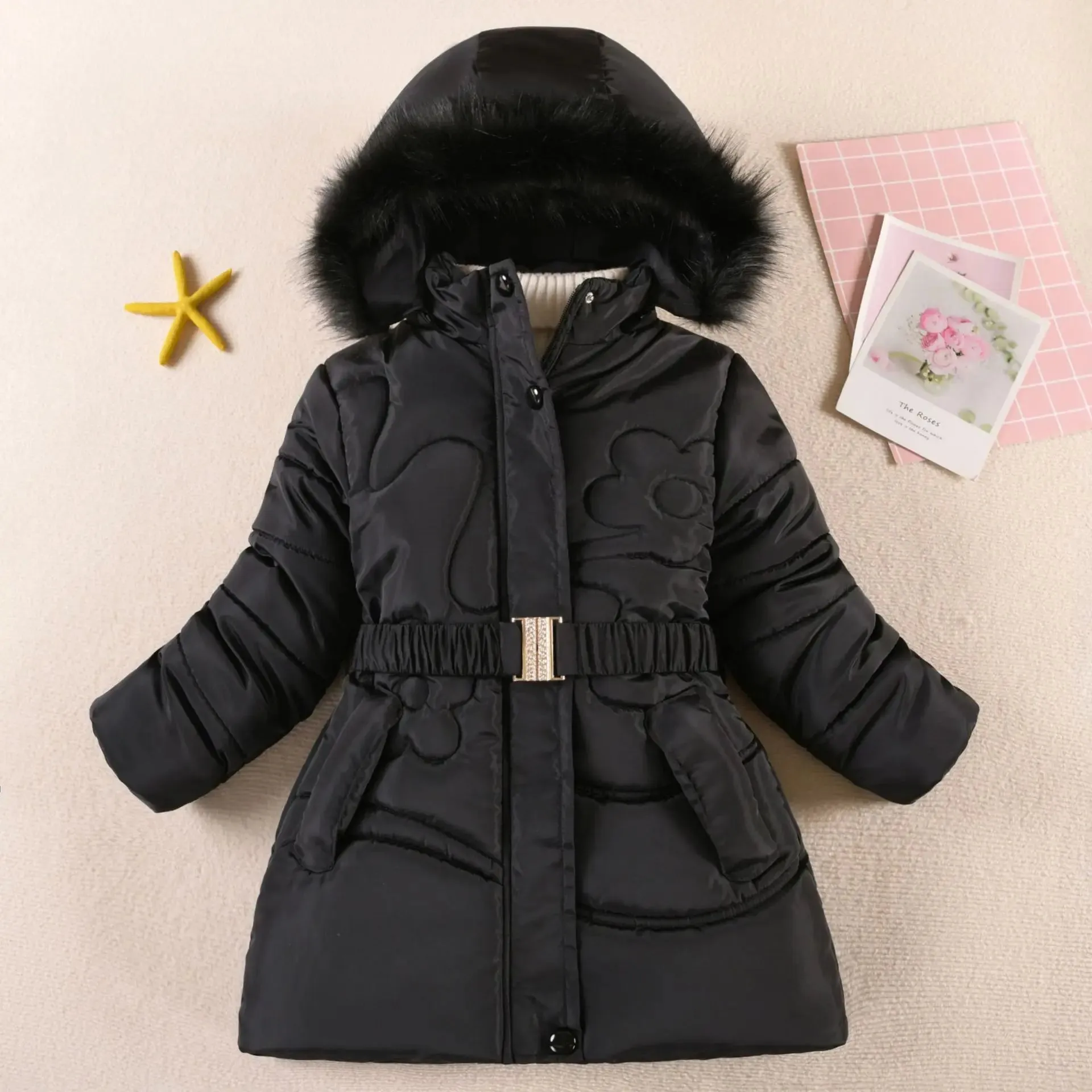 Warm Winter Girls Jacket Detachable Hat Plush Collar Hooded Padded Lining Coat For Kids Children