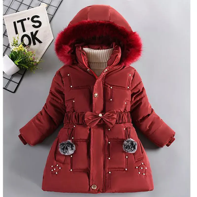 Warm Winter Girls Jacket Detachable Hat Plush Collar Hooded Padded Lining Coat For Kids Children