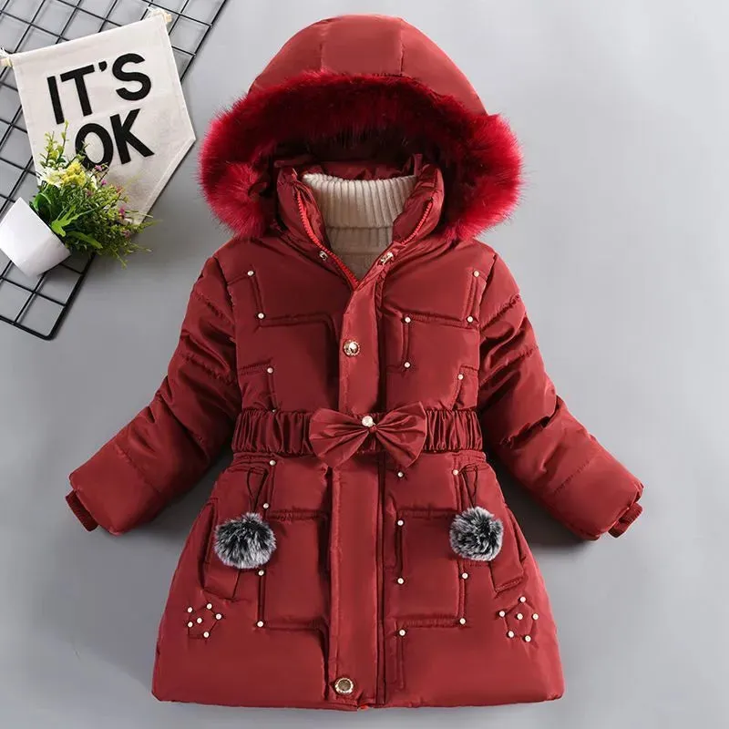 Warm Winter Girls Jacket Detachable Hat Plush Collar Hooded Padded Lining Coat For Kids Children