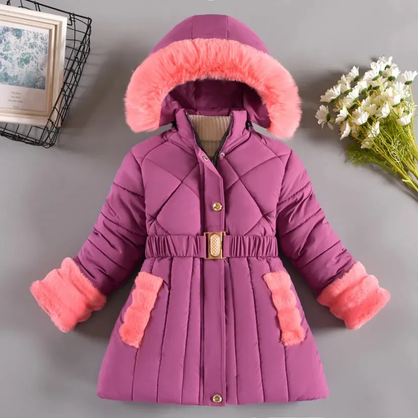 Warm Winter Girls Jacket Detachable Hat Plush Collar Hooded Padded Lining Coat For Kids Children