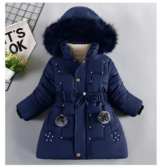 Warm Winter Girls Jacket Detachable Hat Plush Collar Hooded Padded Lining Coat For Kids Children