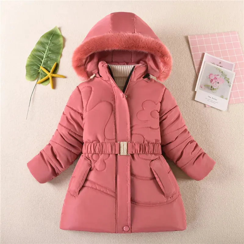 Warm Winter Girls Jacket Detachable Hat Plush Collar Hooded Padded Lining Coat For Kids Children