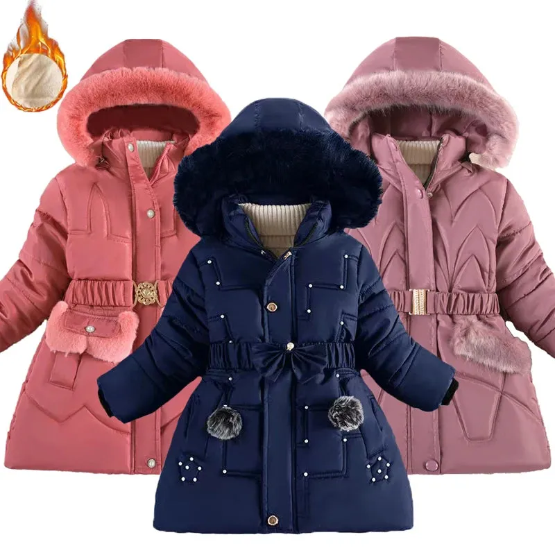 Warm Winter Girls Jacket Detachable Hat Plush Collar Hooded Padded Lining Coat For Kids Children