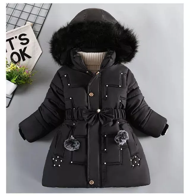 Warm Winter Girls Jacket Detachable Hat Plush Collar Hooded Padded Lining Coat For Kids Children