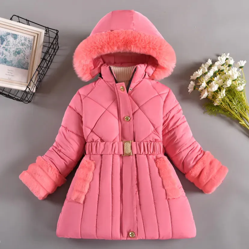 Warm Winter Girls Jacket Detachable Hat Plush Collar Hooded Padded Lining Coat For Kids Children