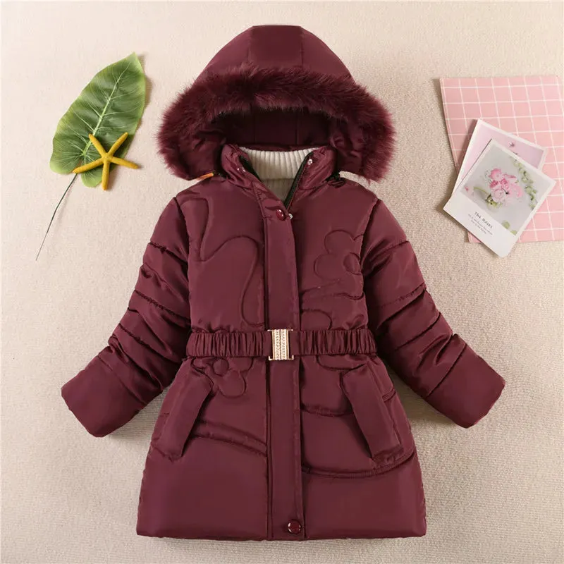 Warm Winter Girls Jacket Detachable Hat Plush Collar Hooded Padded Lining Coat For Kids Children