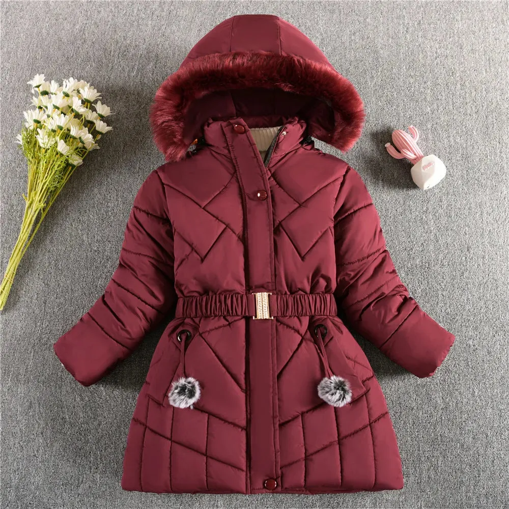 Warm Winter Girls Jacket Detachable Hat Plush Collar Hooded Padded Lining Coat For Kids Children