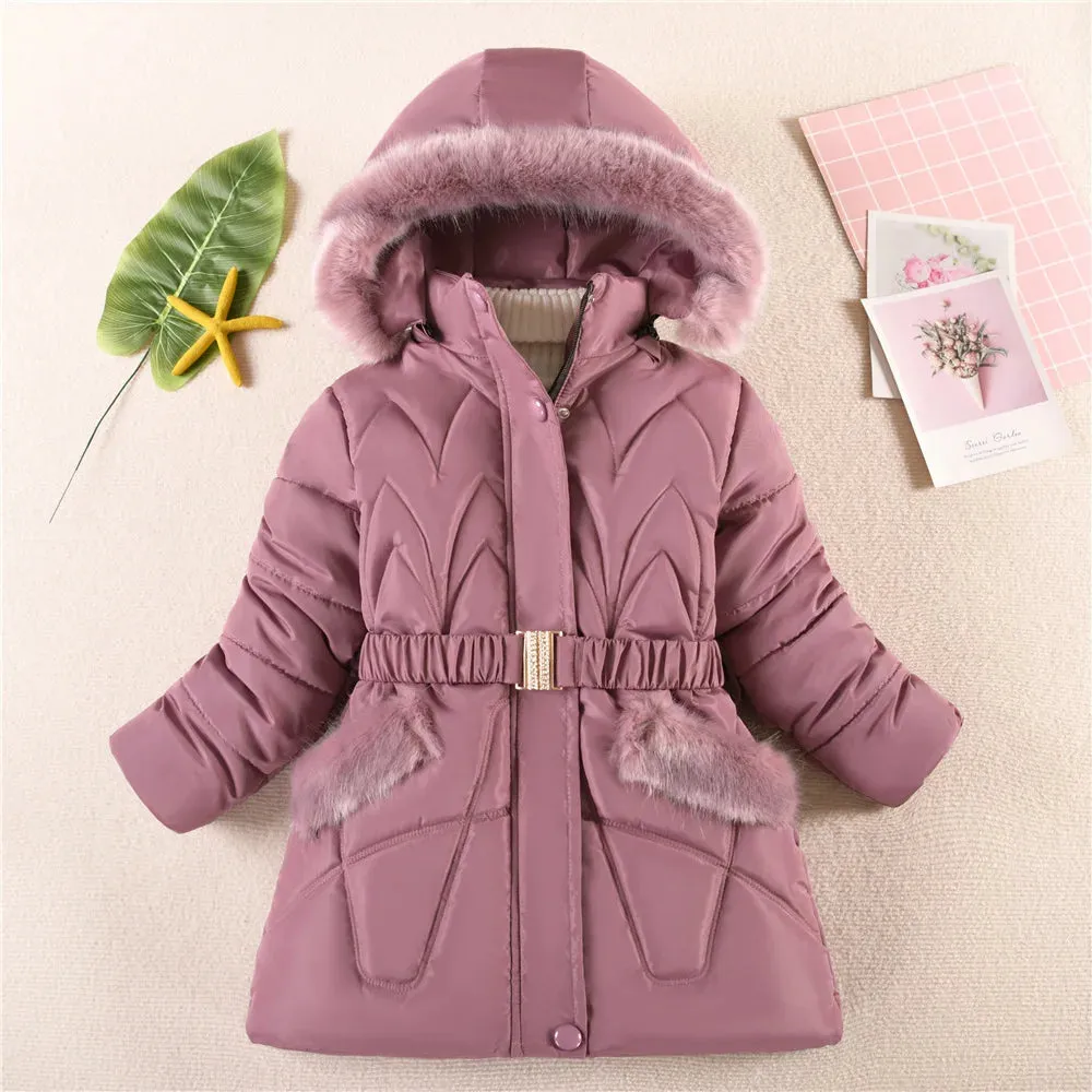 Warm Winter Girls Jacket Detachable Hat Plush Collar Hooded Padded Lining Coat For Kids Children