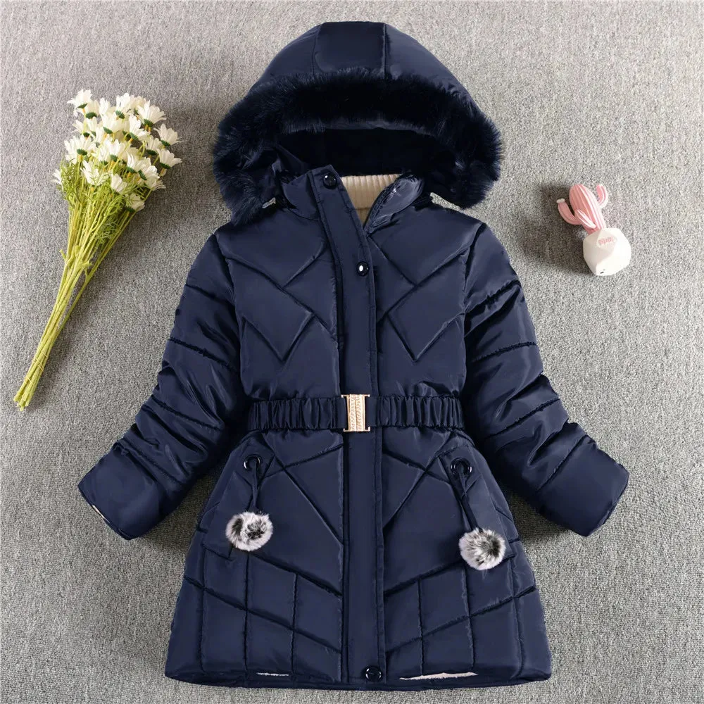 Warm Winter Girls Jacket Detachable Hat Plush Collar Hooded Padded Lining Coat For Kids Children