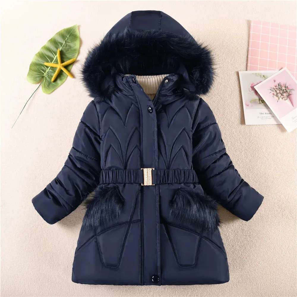 Warm Winter Girls Jacket Detachable Hat Plush Collar Hooded Padded Lining Coat For Kids Children