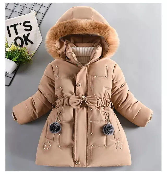 Warm Winter Girls Jacket Detachable Hat Plush Collar Hooded Padded Lining Coat For Kids Children