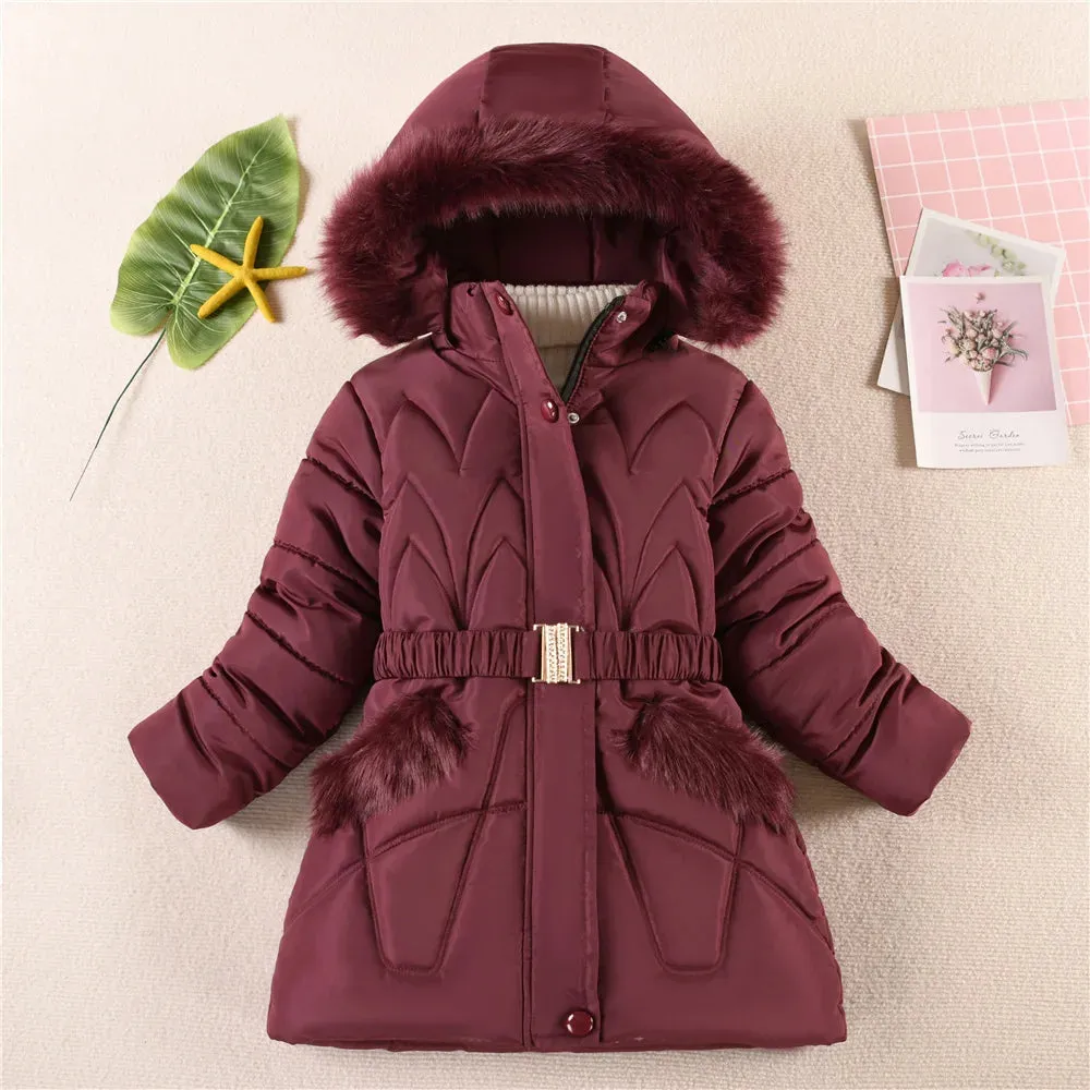 Warm Winter Girls Jacket Detachable Hat Plush Collar Hooded Padded Lining Coat For Kids Children