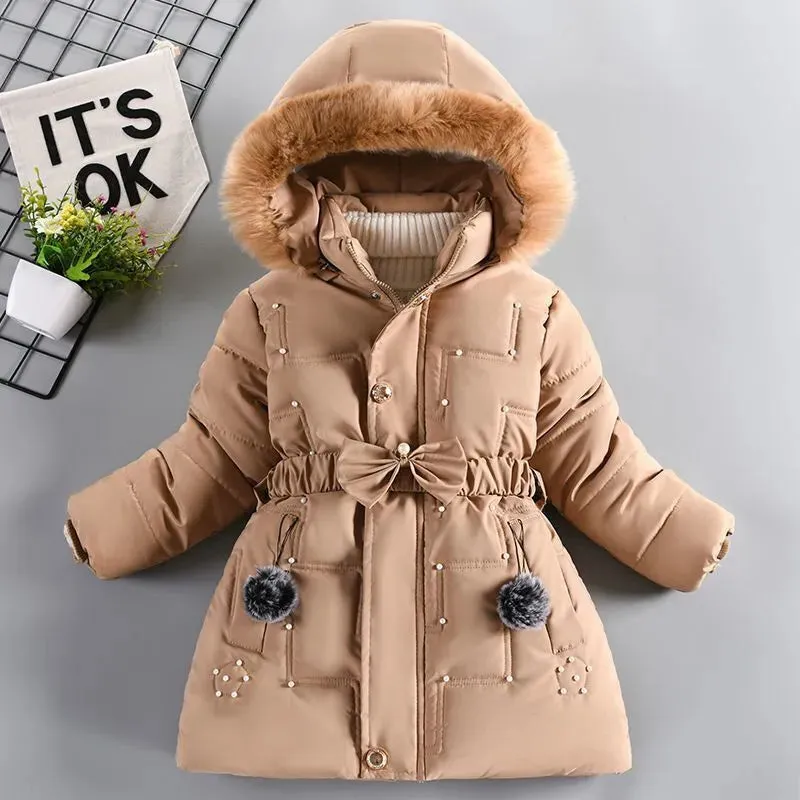 Warm Winter Girls Jacket Detachable Hat Plush Collar Hooded Padded Lining Coat For Kids Children