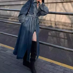 Wenkouban fall women's outfits 2024 Autumn Advanced Casual Long Retro Elegant Denim Wide Trench Coat