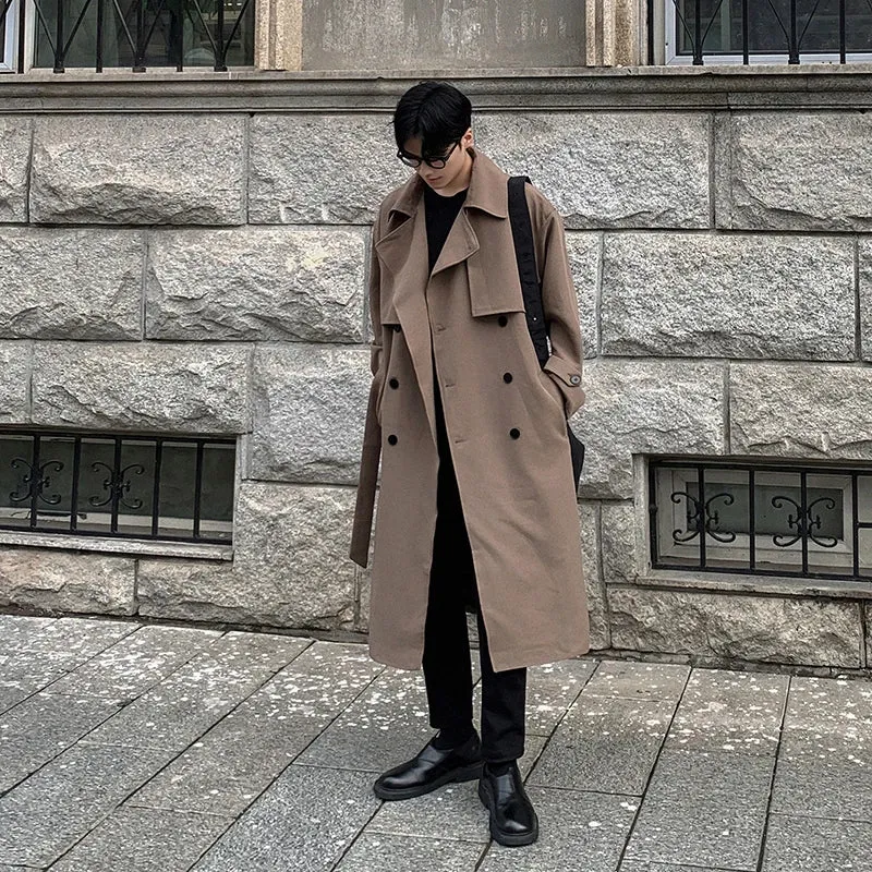 Wiaofellas  -  fall outfits Men's Long Over Knee Windbreaker Coat Double Breasted Solid Color Korea Fashion Long Sleeve Male Trench