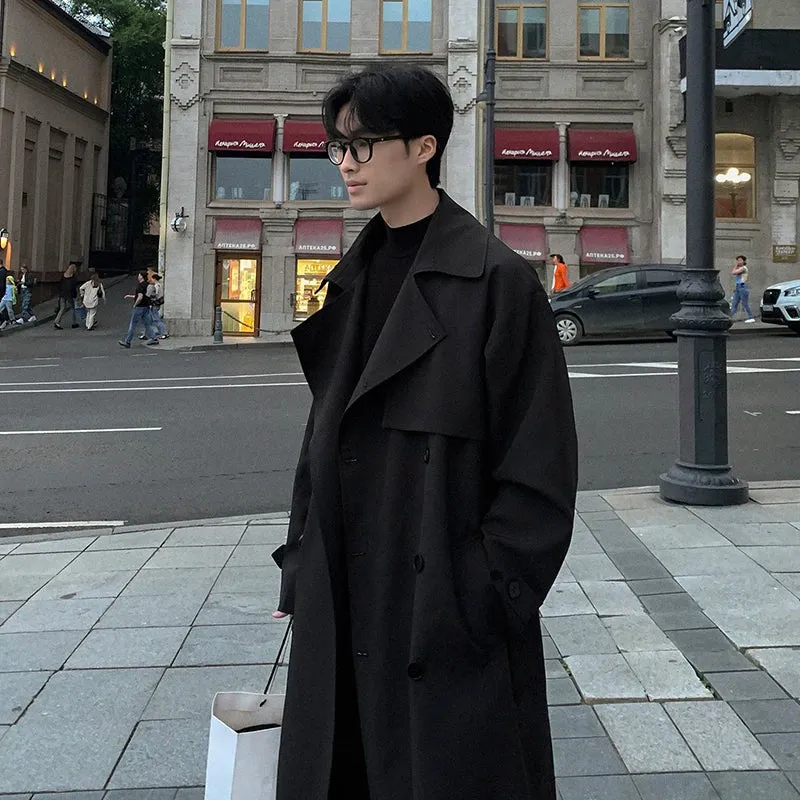 Wiaofellas  -  fall outfits Men's Long Over Knee Windbreaker Coat Double Breasted Solid Color Korea Fashion Long Sleeve Male Trench