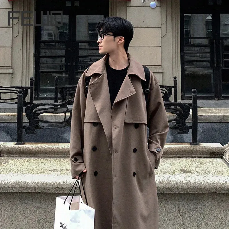 Wiaofellas  -  fall outfits Men's Long Over Knee Windbreaker Coat Double Breasted Solid Color Korea Fashion Long Sleeve Male Trench