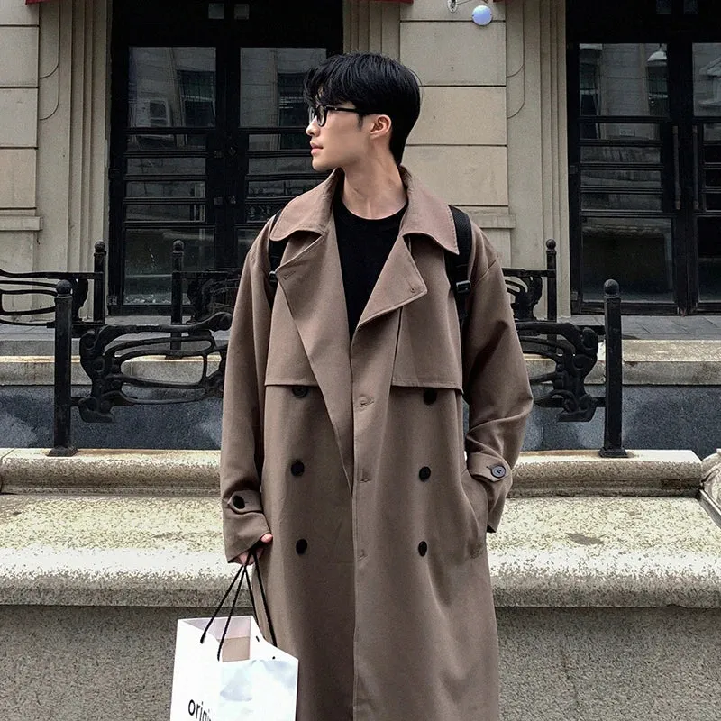 Wiaofellas  -  fall outfits Men's Long Over Knee Windbreaker Coat Double Breasted Solid Color Korea Fashion Long Sleeve Male Trench