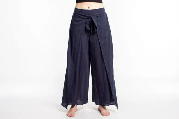 Womens Solid Color Wrap Palazzo Pants in Navy