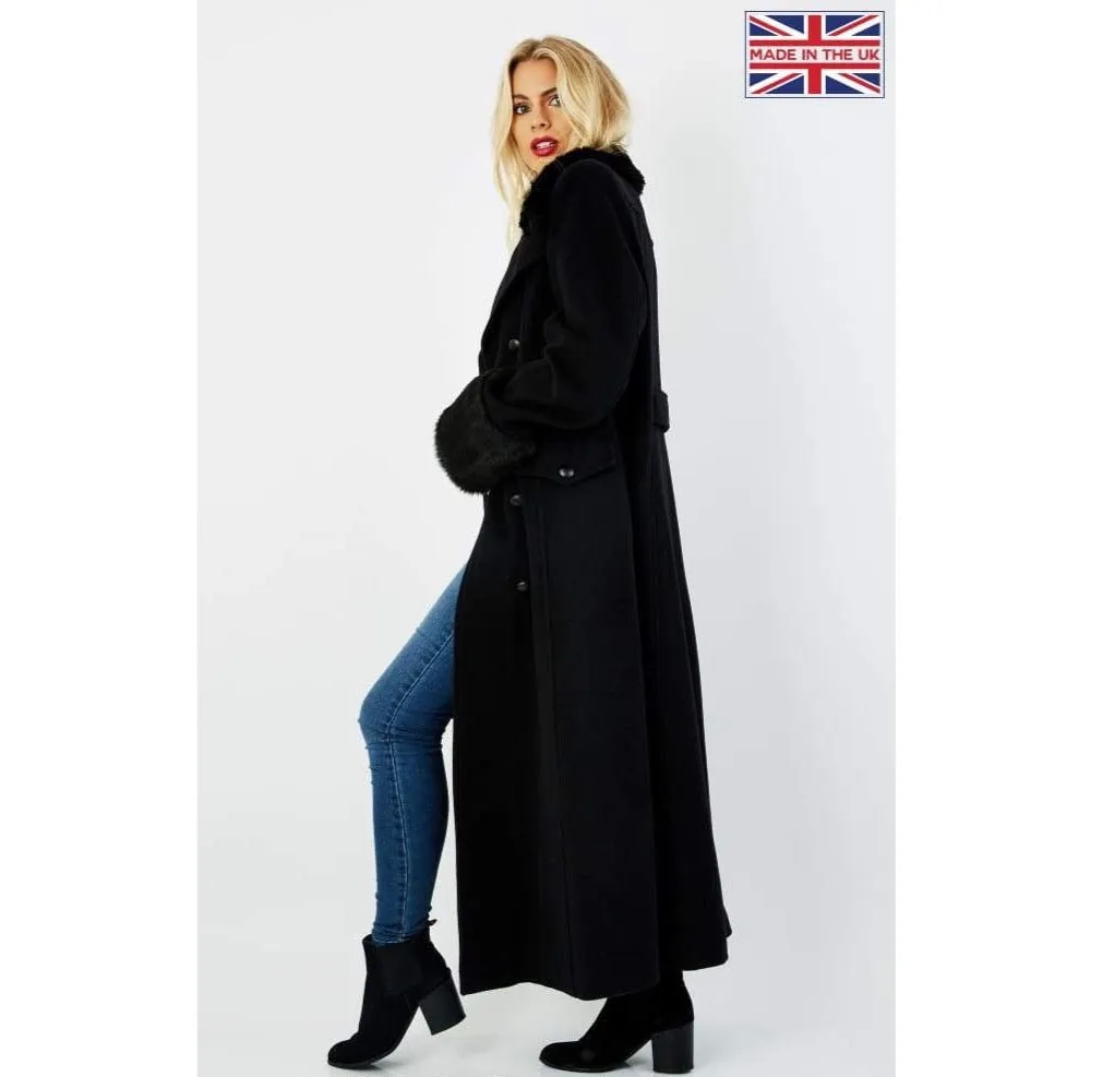 Wool Blend Military Black Faux Fur Trim Maxi Coat