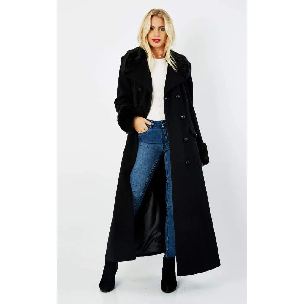 Wool Blend Military Black Faux Fur Trim Maxi Coat