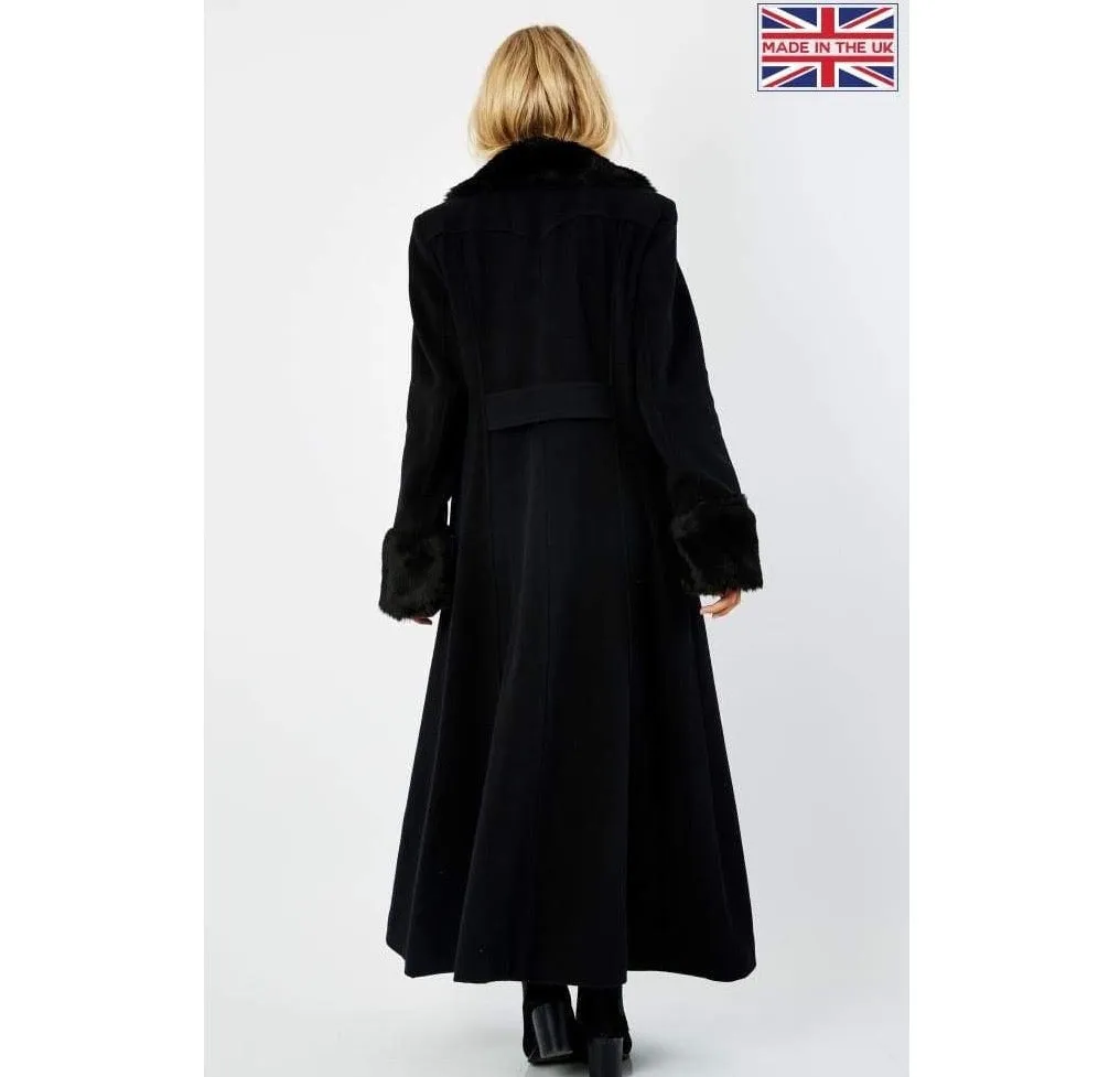 Wool Blend Military Black Faux Fur Trim Maxi Coat