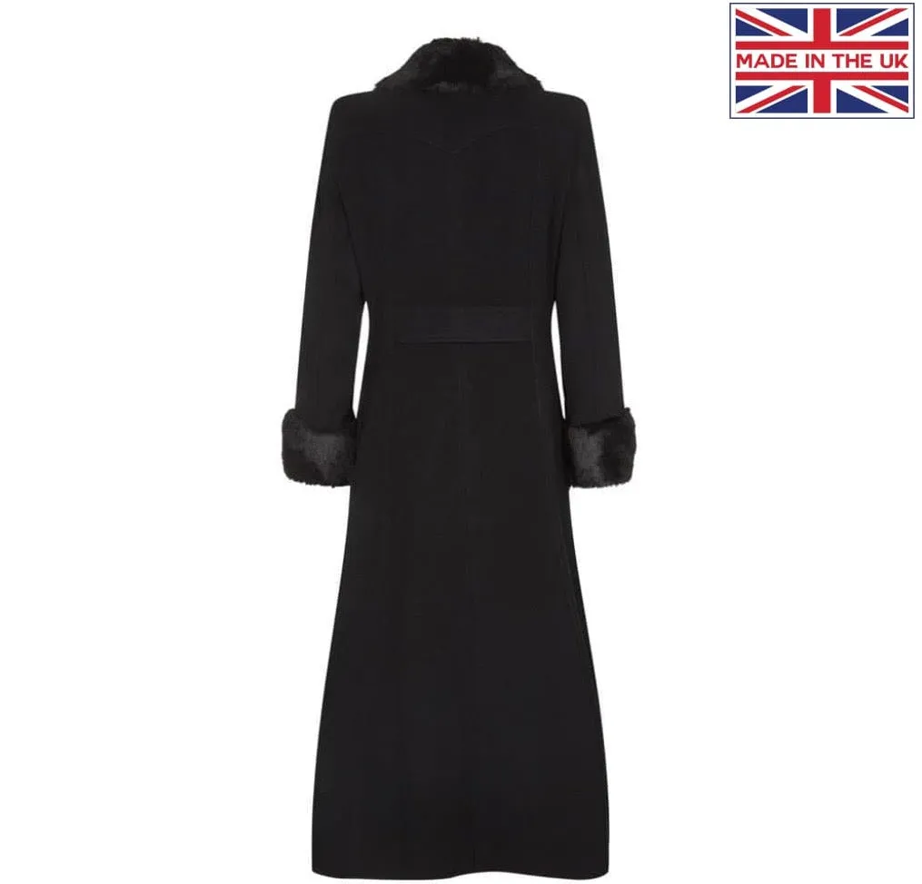 Wool Blend Military Black Faux Fur Trim Maxi Coat