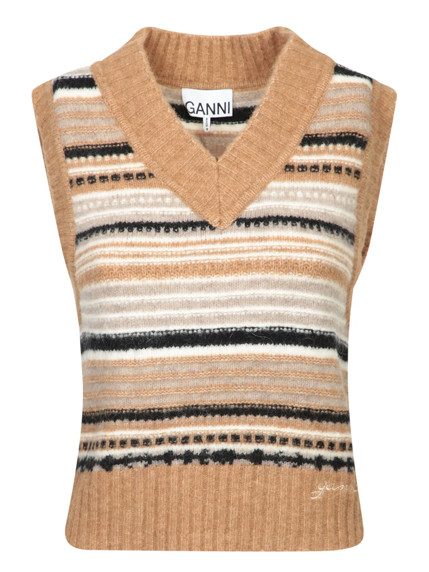 Wool Striped Vest in Beige and Black