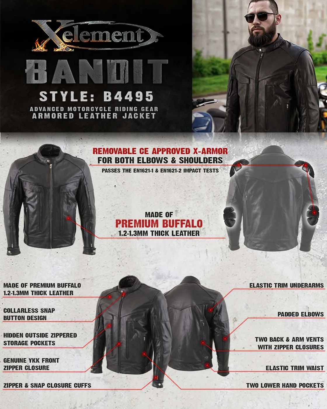 Xelement B4495 Men's Black 'Bandit' Buffalo Leather Cruiser Motorcycle Jacket with X-Armor Protection