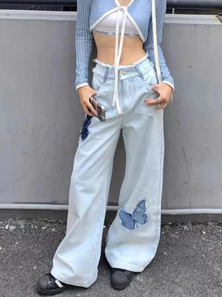 YESMYTOOL  -   Blue Jeans Plus Size Women Y2k Fashion Loose Butterfly Patchwork Causal High Waist Denim Pants Streetwear Retro Bottoms