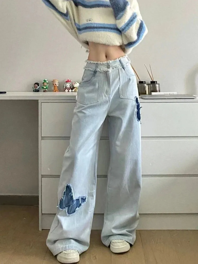 YESMYTOOL  -   Blue Jeans Plus Size Women Y2k Fashion Loose Butterfly Patchwork Causal High Waist Denim Pants Streetwear Retro Bottoms