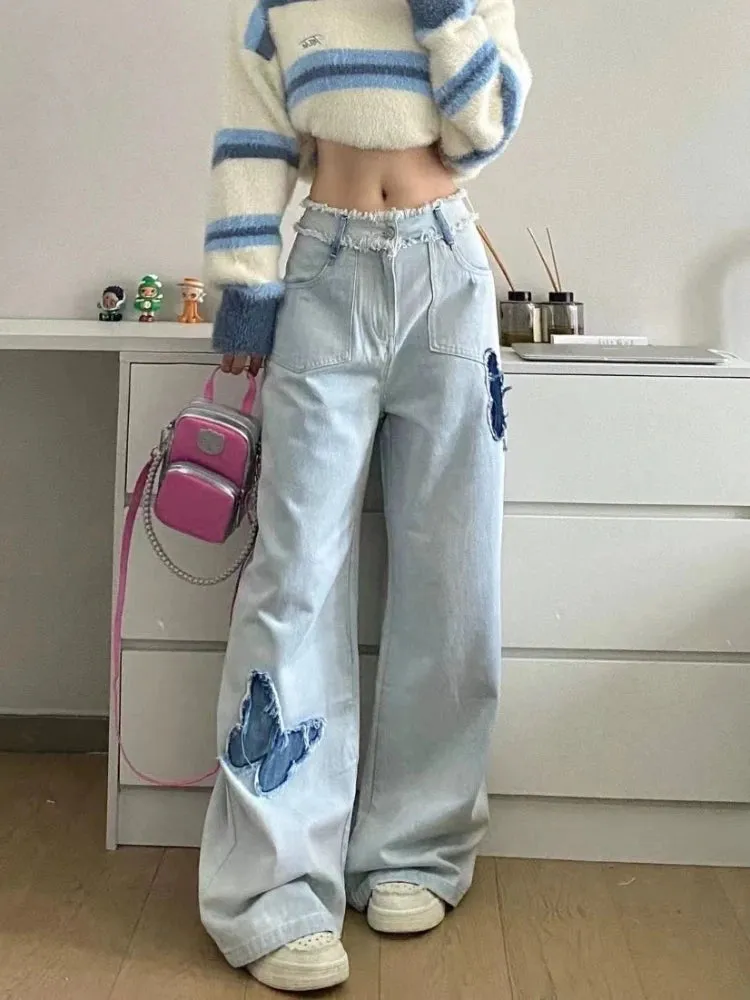 YESMYTOOL  -   Blue Jeans Plus Size Women Y2k Fashion Loose Butterfly Patchwork Causal High Waist Denim Pants Streetwear Retro Bottoms